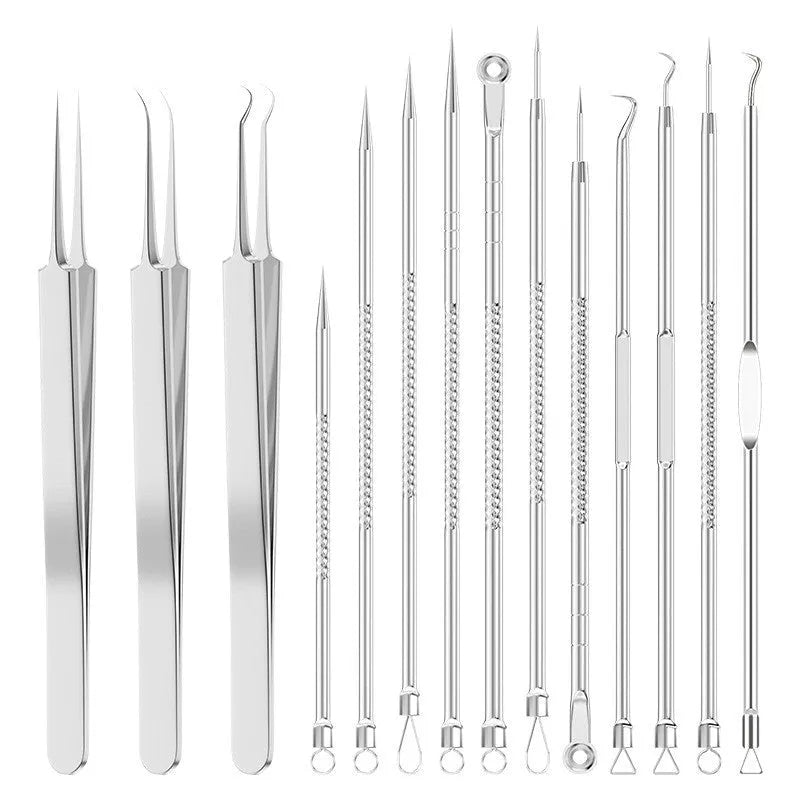 Four silver metal acne needles with ultra-fine pointed tips for skincare extraction.