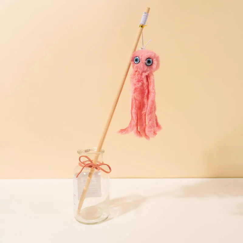 Grey octopus cat toy with eyes on long stick for indoor kitten play