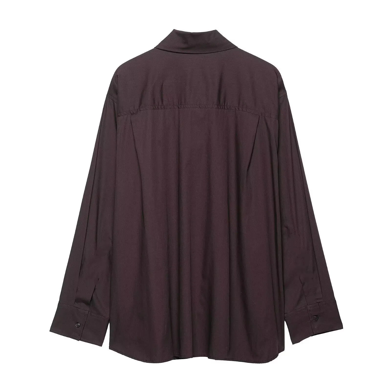 Brown women's poplin shirt with long sleeves, a bow tie, and a loose cardigan fit.