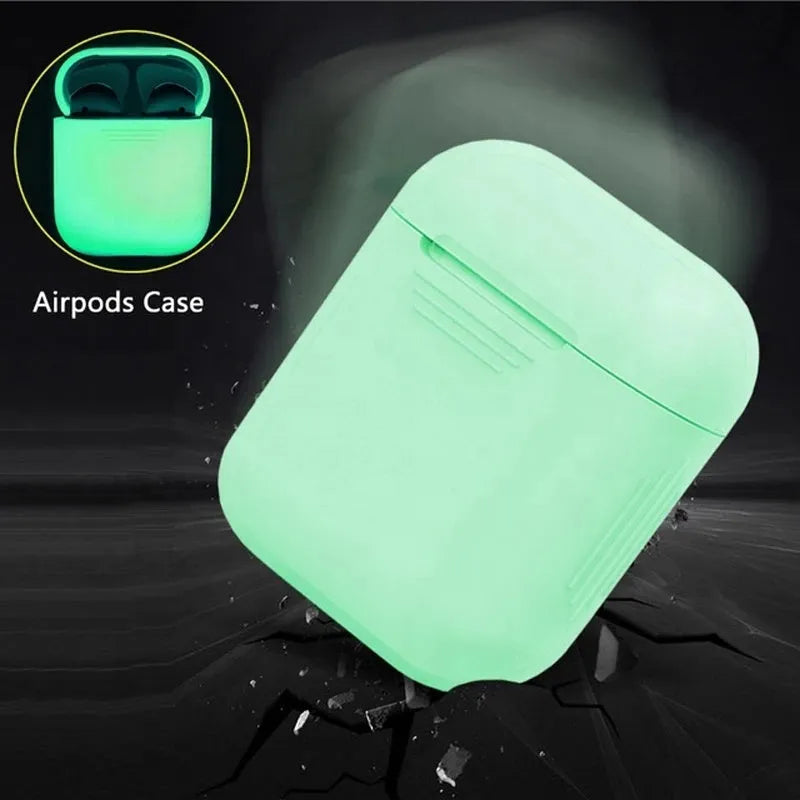 Luminous silicone flip case for Apple AirPods wireless earphones showing open and closed positions.