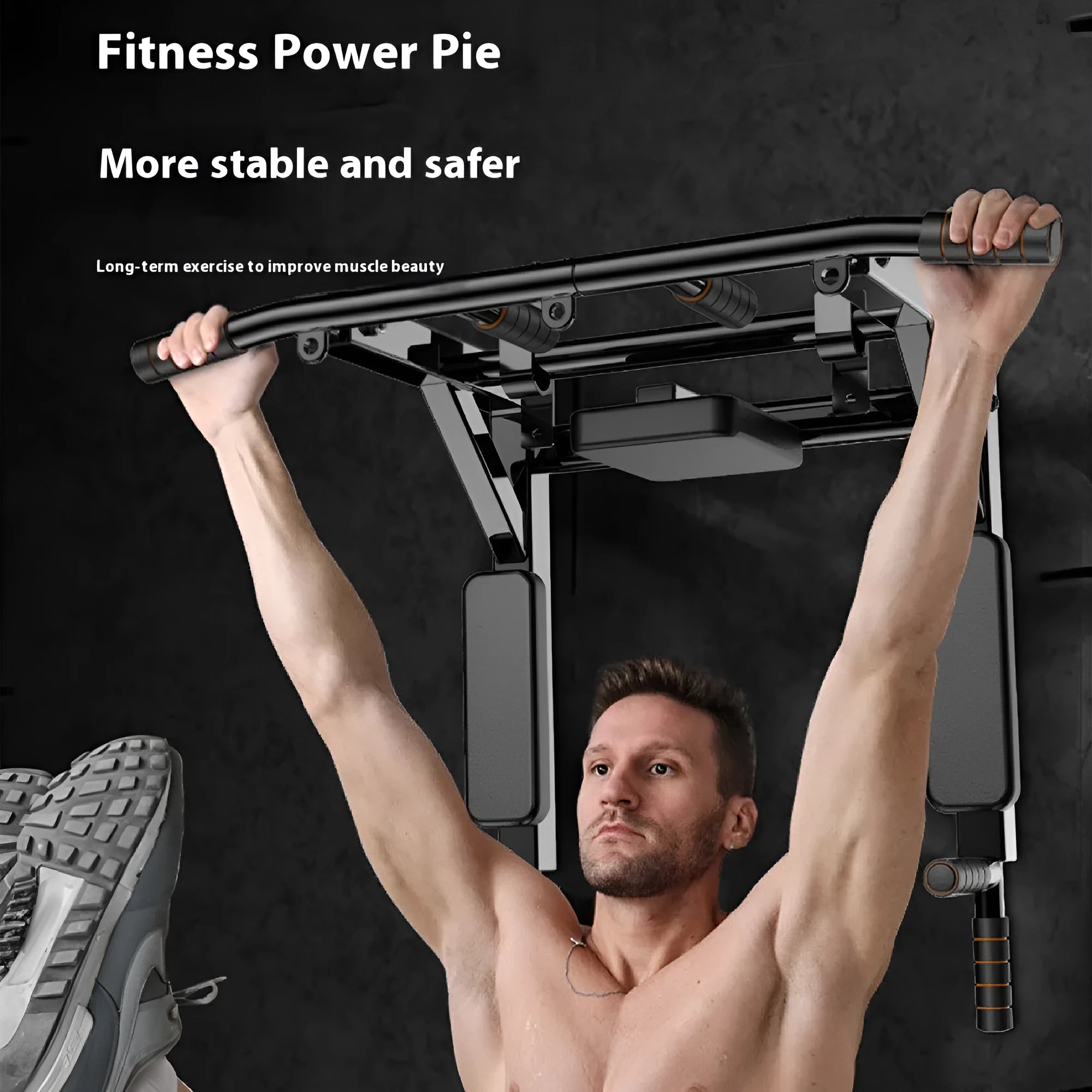 Black steel wall-mounted fitness unit with a sandbag rack and single parallel bars for pull-ups.