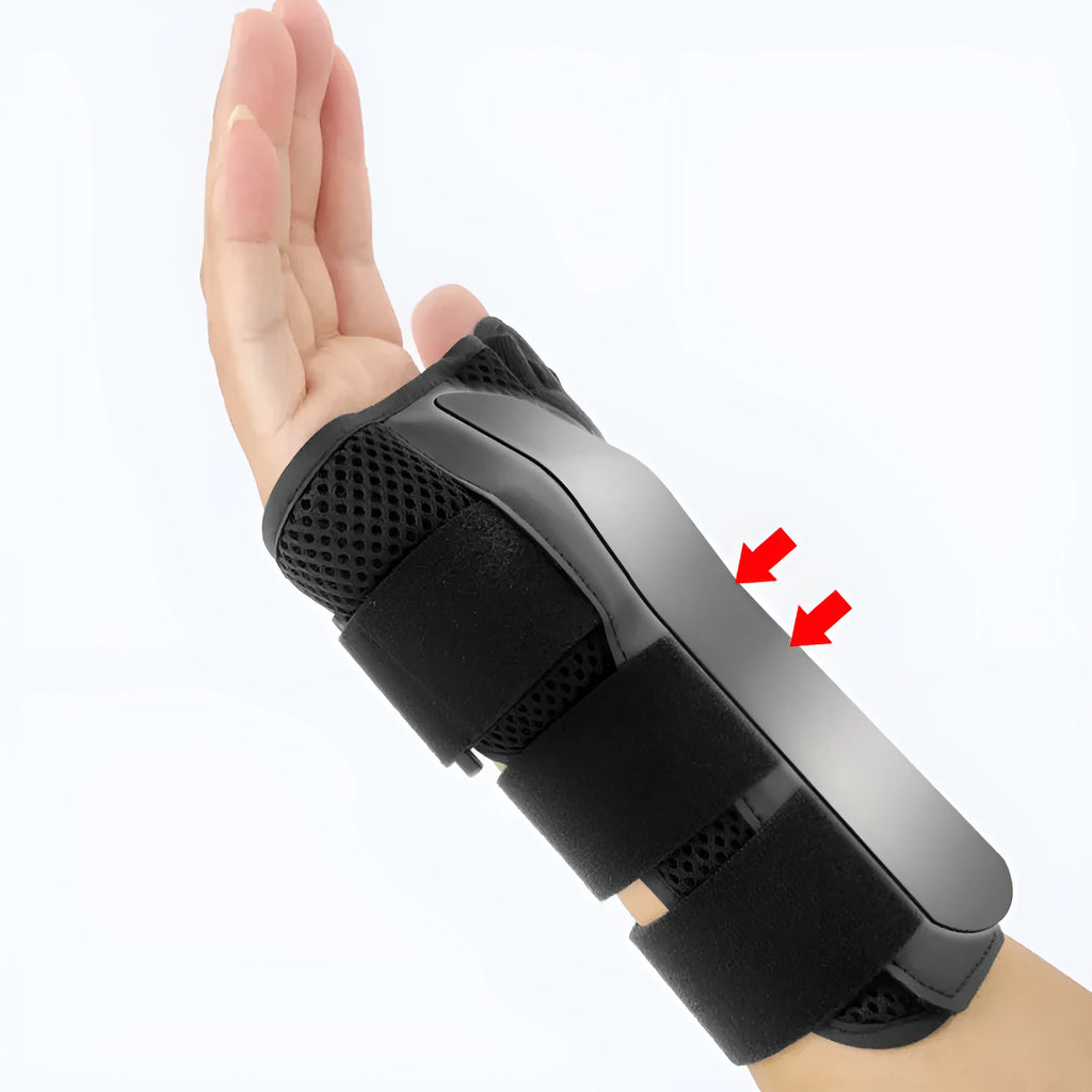 Black carbon fibre sports wrist guard with grey edging and an adjustable thumb strap.