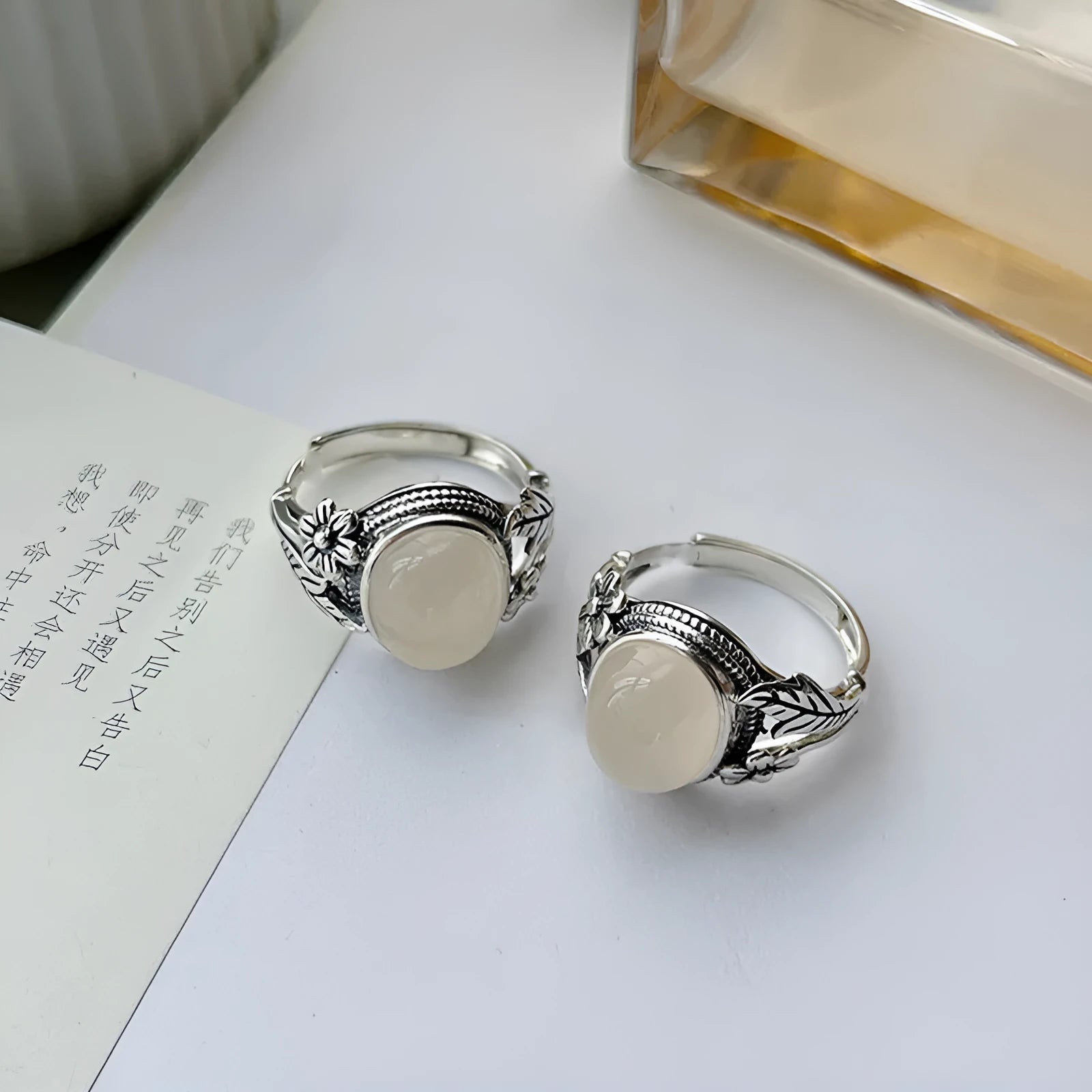 Copper adjustable ring with imitation white chalcedony stone in vintage U-shaped design