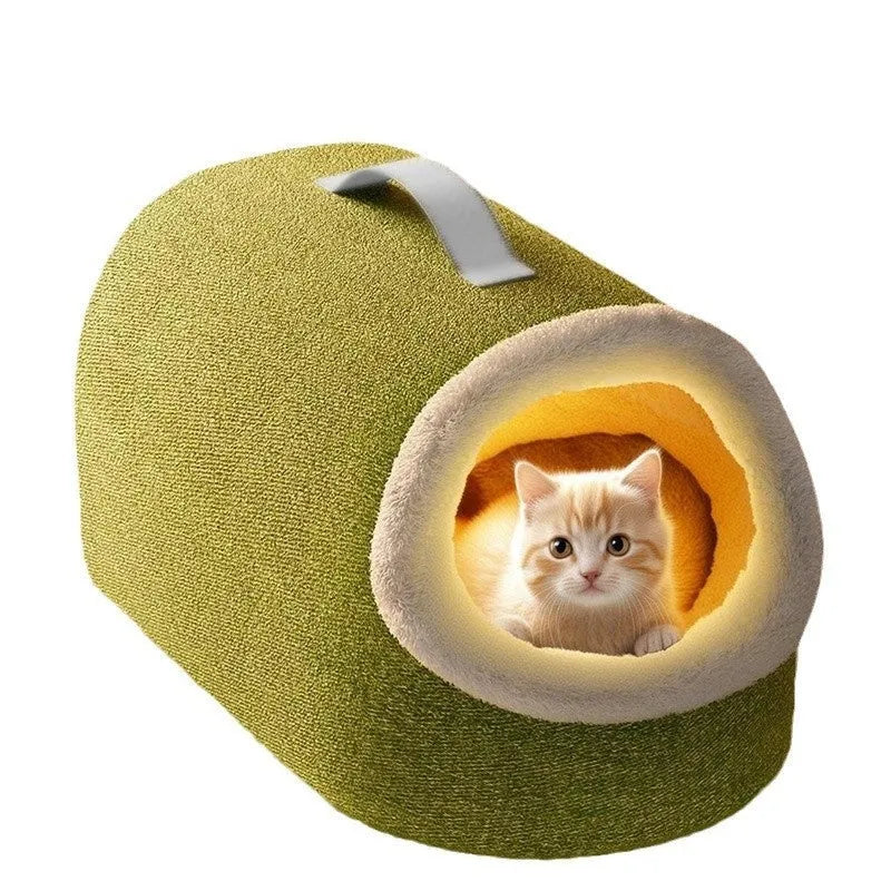 Winter warm closed cat nest in Matcha Green plush material, portable long tube design