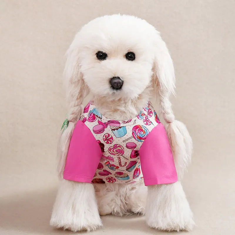 Printed polyester dog t-shirt for small dogs showing colourful design with size options S to XXL
