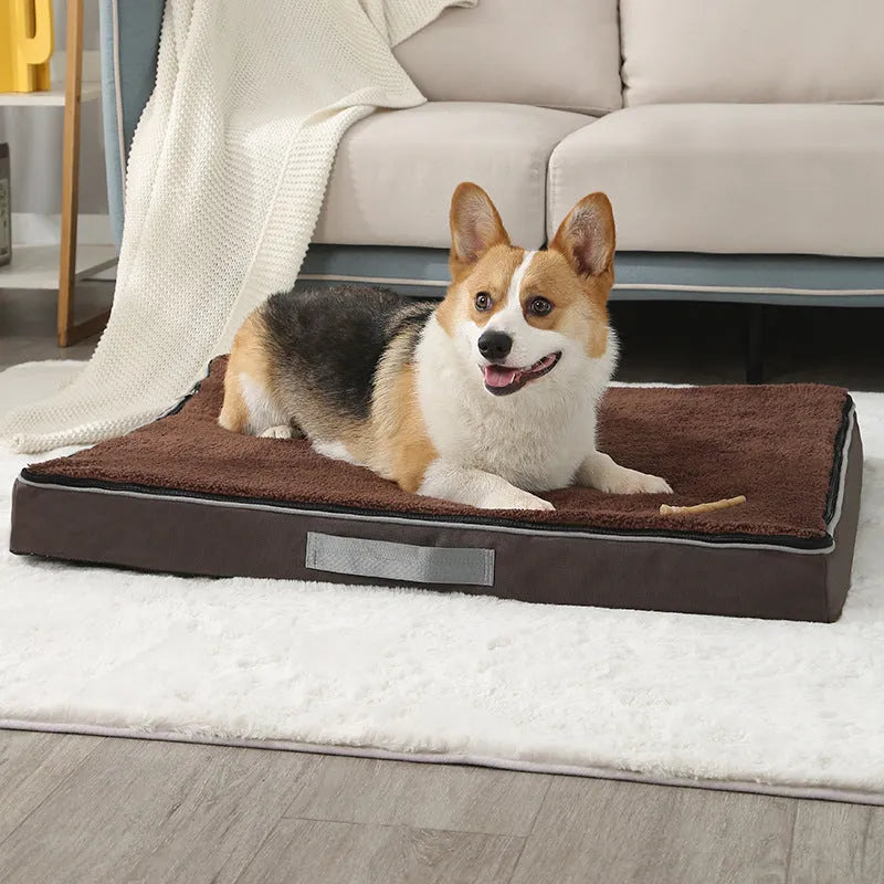 Brown removable cover memory foam dog mat showing size options