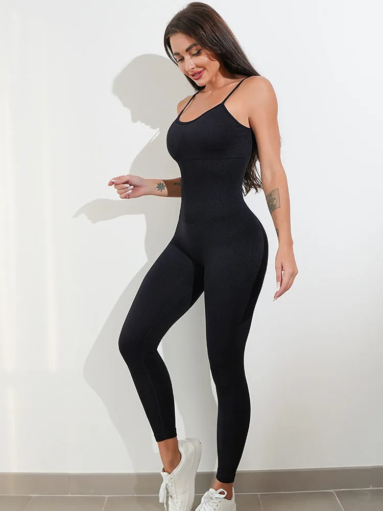 Women's black unitard jumpsuit with spaghetti straps and backless design for tummy control.