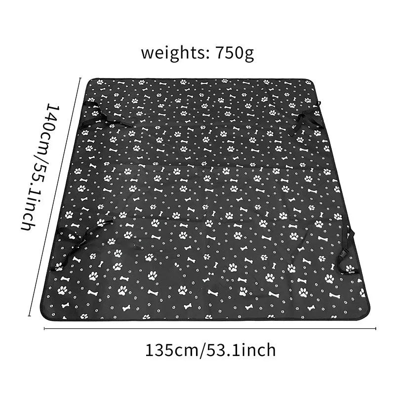 Grey dog bone print water resistant car pet mat measuring 140x110cm on a car rear seat.