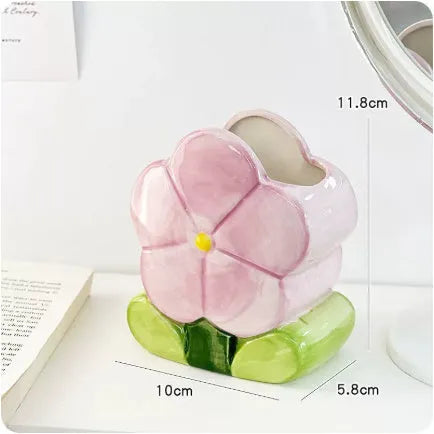 Ceramic flower pen holder storage box with floral pattern, dimensions 11.8x5.8x10 cm