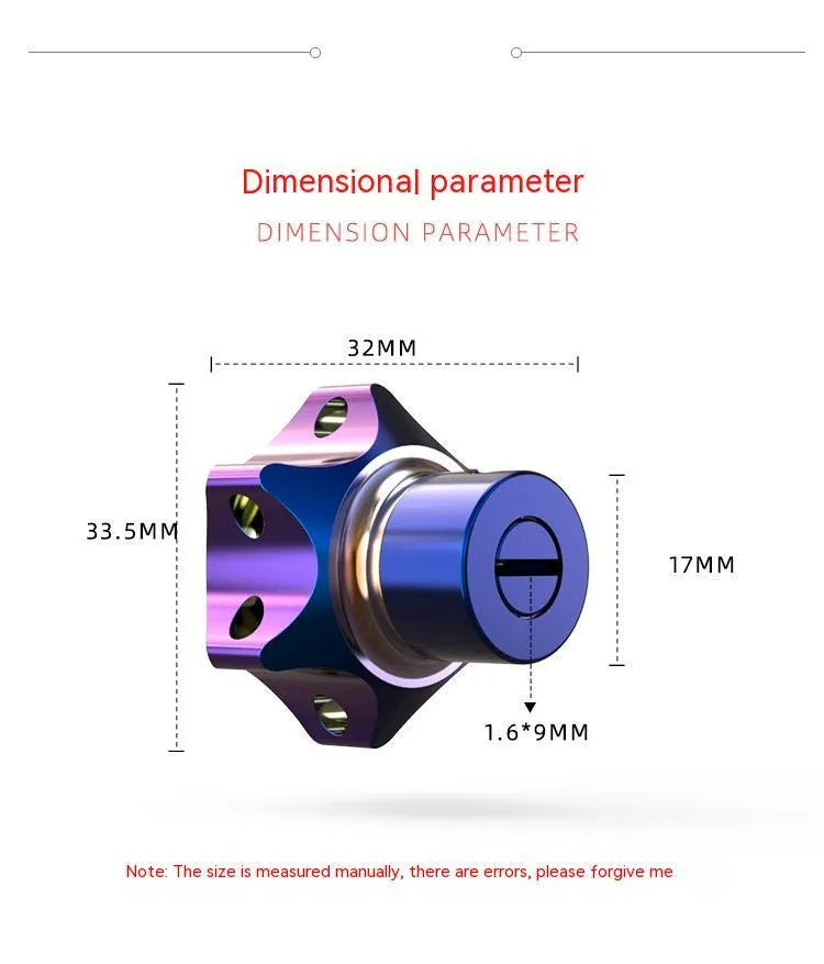 T6 aluminium alloy motorcycle key head cover in plum blossom, hexagonal, and five-pointed star designs.