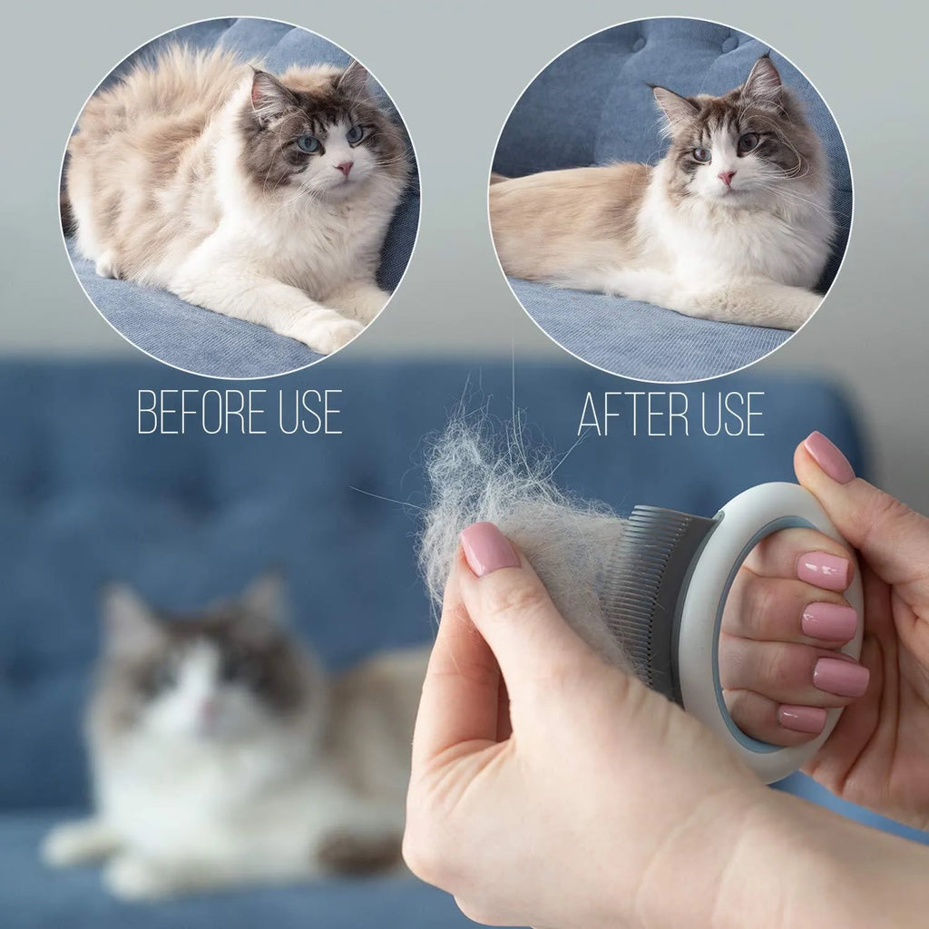 Blue pet grooming comb for deshedding and dematting cats and dogs with soft teeth