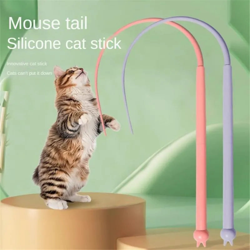 Simulated mouse tail cat teaser stick with flexible silicone tail and cat head design