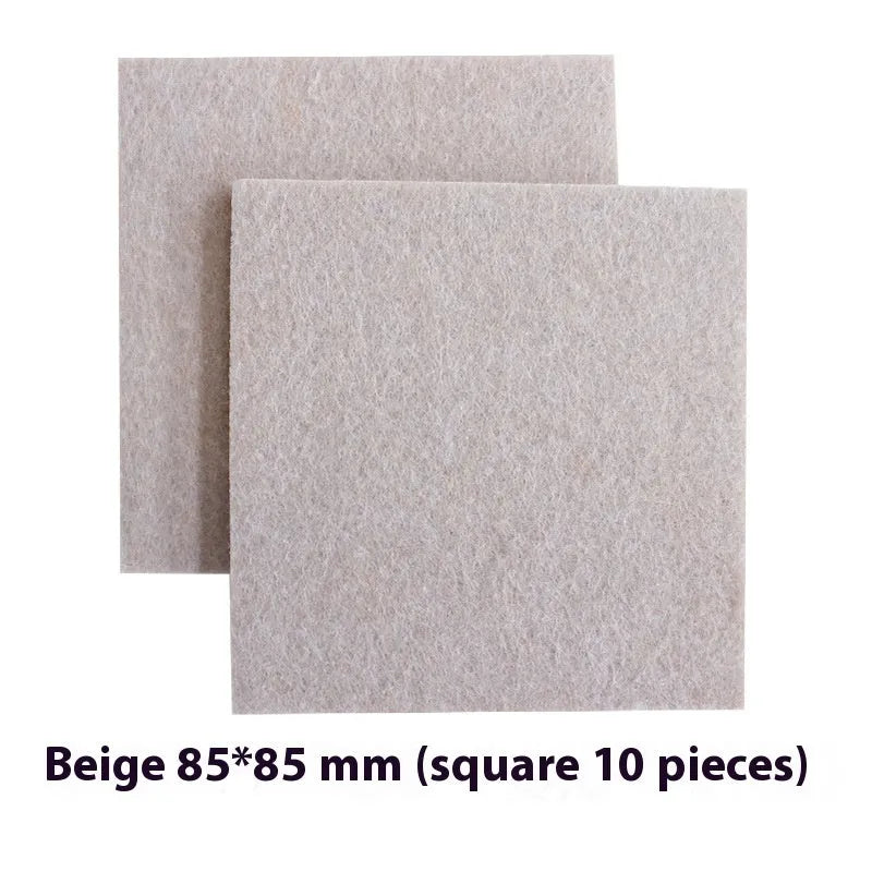 Beige plastic furniture protection pads in round and square shapes showing five different size options