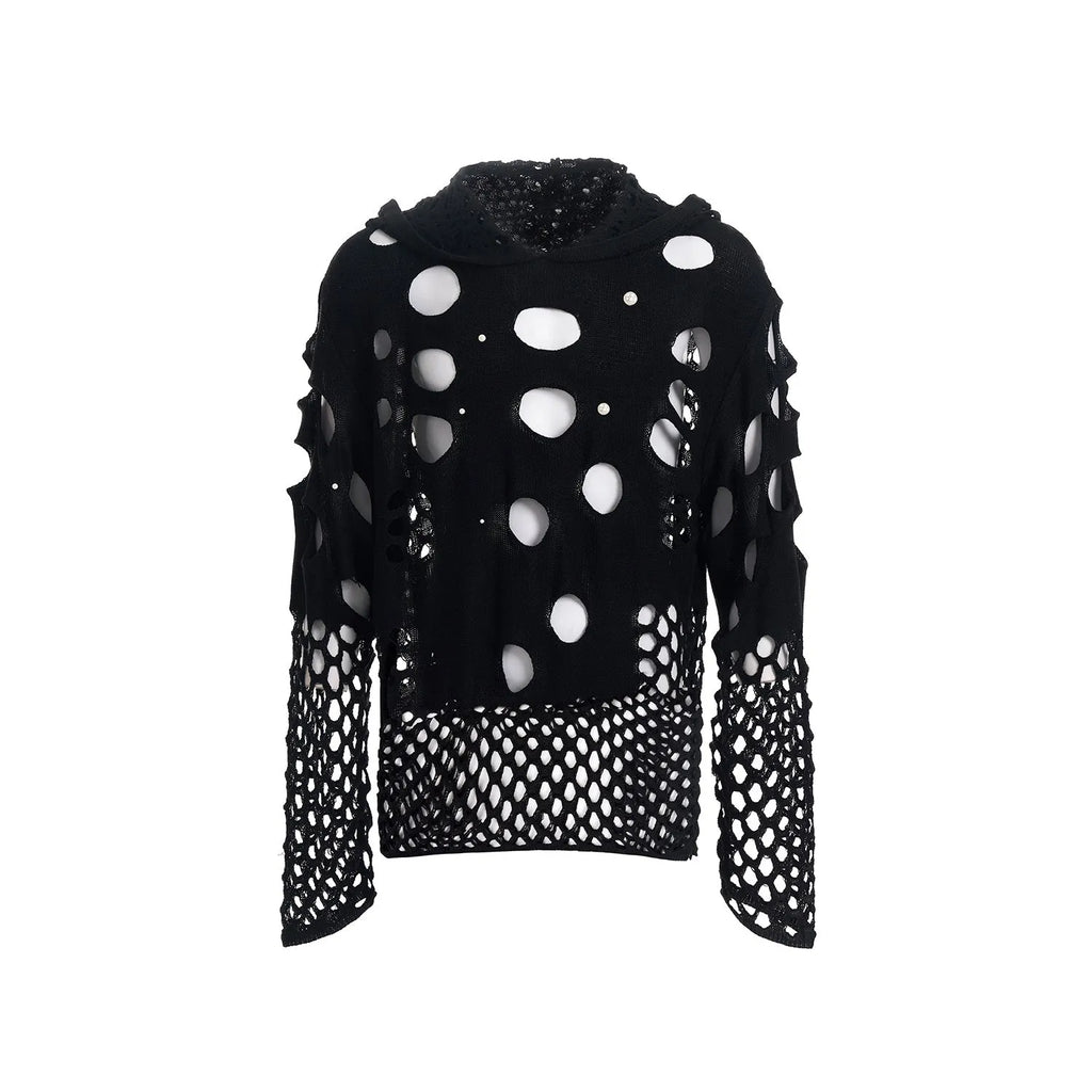 Black men's hooded sweater with pearl decoration and loose fit for spring