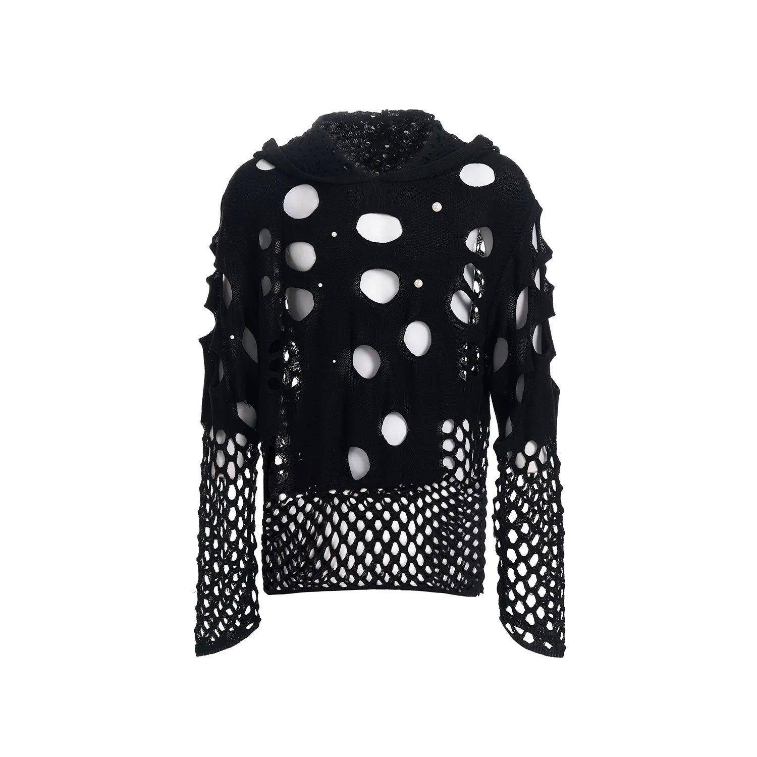 Black men's hooded sweater with pearl decoration and loose fit for spring