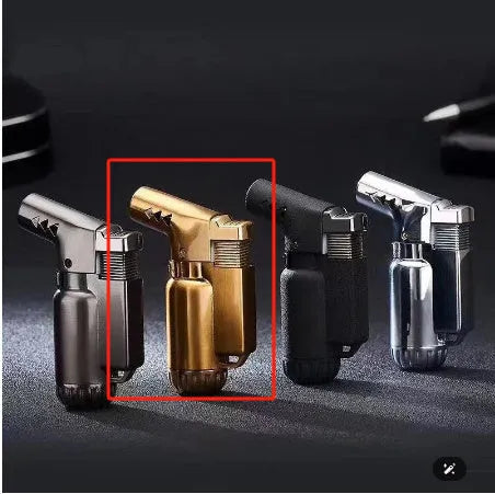 HB805-1 full metal windproof lighter in black, gold, grey, or silver finish showing punch action mechanism.
