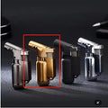 HB805-1 full metal windproof lighter in black, gold, grey, or silver finish showing punch action mechanism.