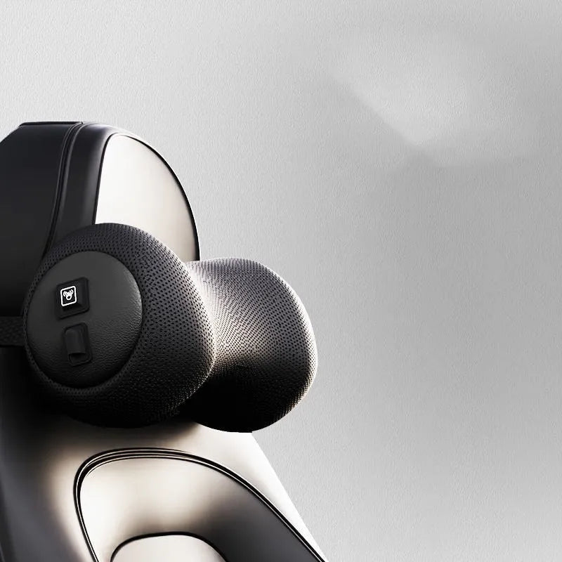Classic black memory cotton car massage cushion shown as a headrest and lumbar support on a car seat.