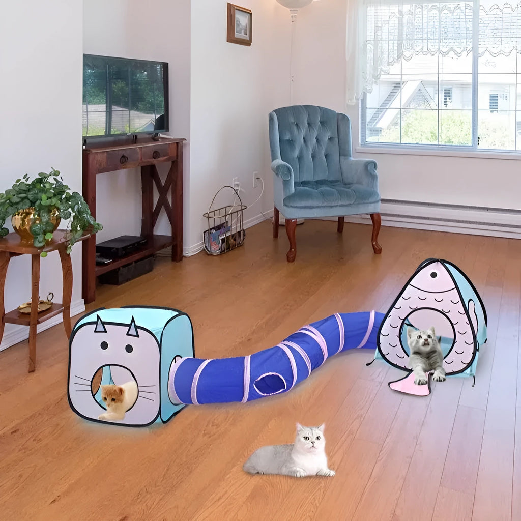 Foldable three-piece cat tent and tunnel set in a cat and fish design, made from white PP plastic.