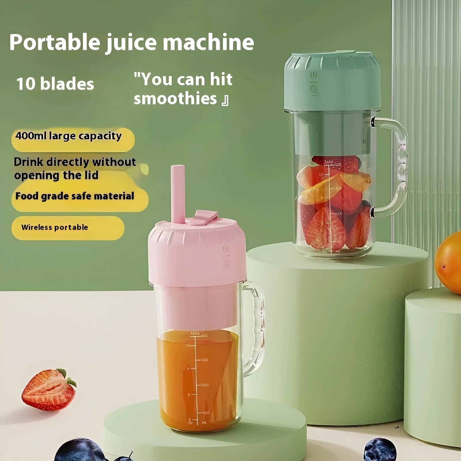 Portable USB charging multifunction juicer in avocado green or cherry blossom powder colours