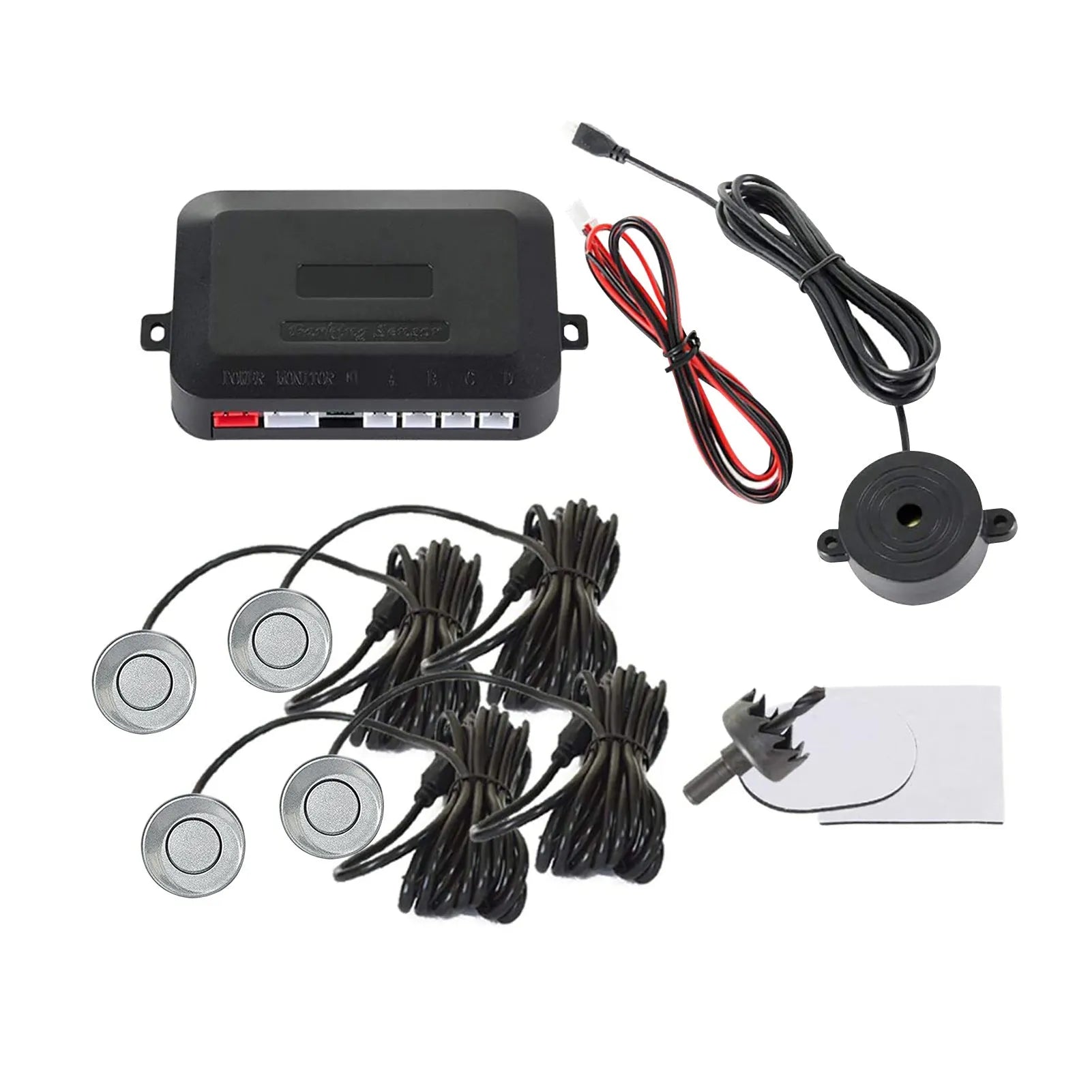 4-probe buzzer reversing radar system with sensors, control module, and installation tools for car parking safety
