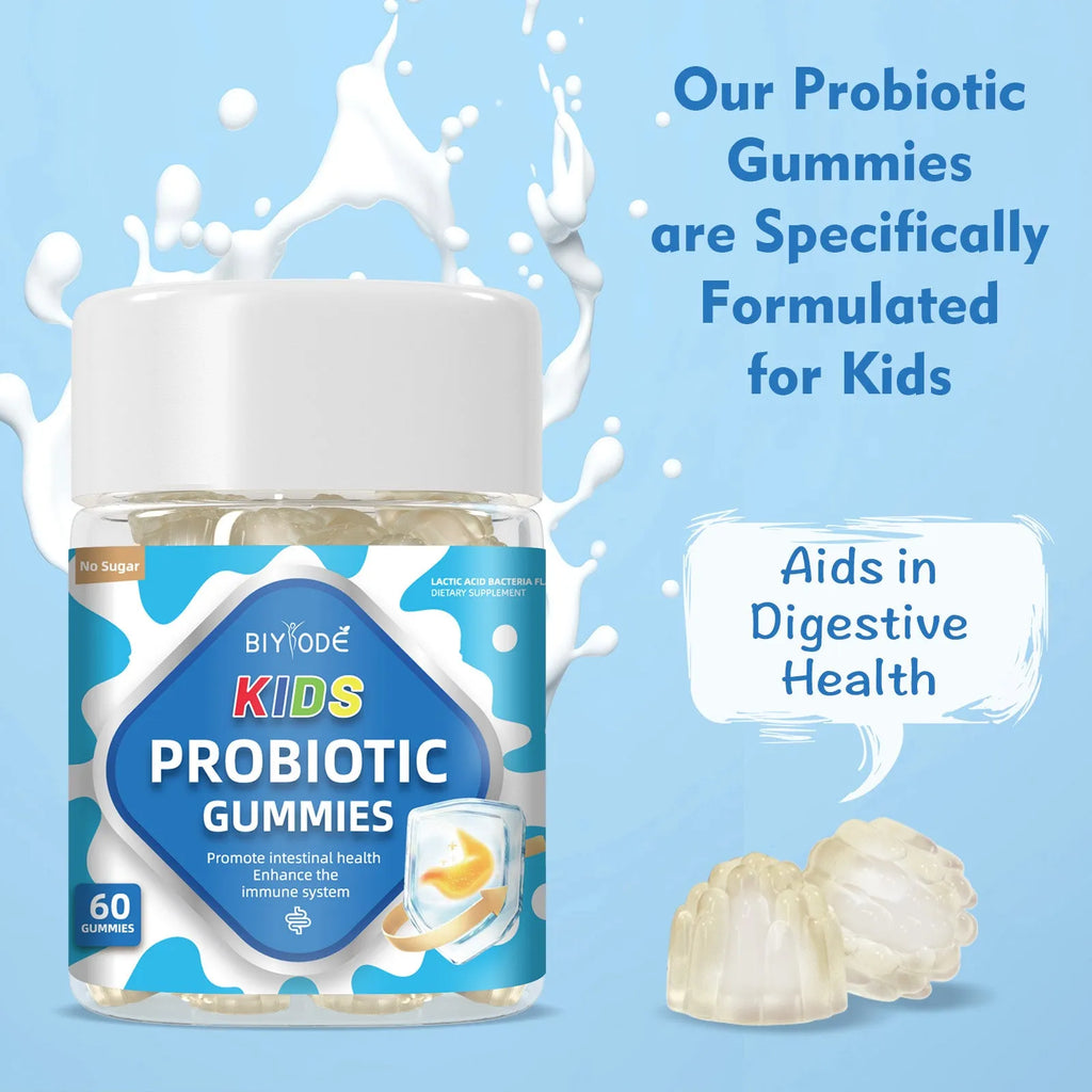 Bottle of children probiotics gummies with vitamins for digestion and immunity, 60 count