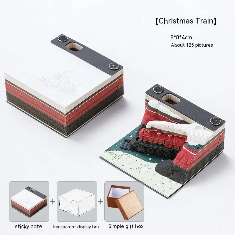 3D sticky notes pad with Christmas Train design showing Qingshui Temple paper carving artwork