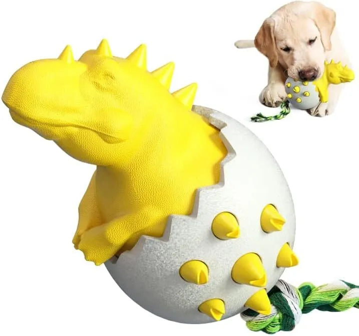 Blue dinosaur dog chew toy with rope tug element for aggressive chewers