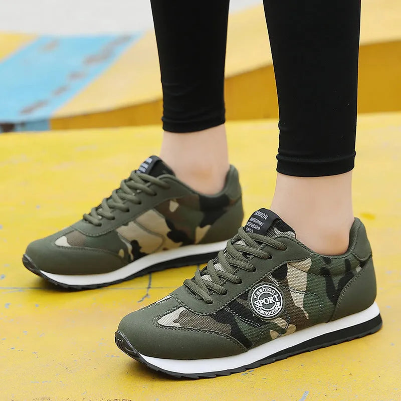 Camouflage pattern suede low-top running shoes with mesh lining on a flat foam sole.