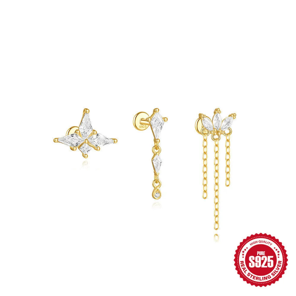 S925 sterling silver geometric kite earring with rhinestone chain tassel in a gold colour finish.