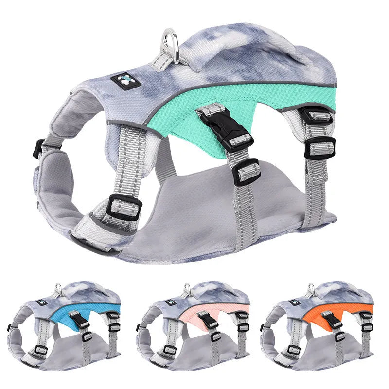 Reflective light blue dog cooling chest strap made of polyester fabric on a dog.