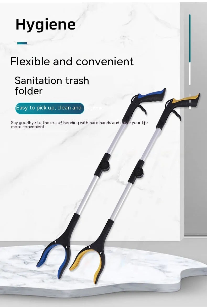 Foldable aluminium rubbish pick-up claw with blue handle, shown extended and with magnet sucker.