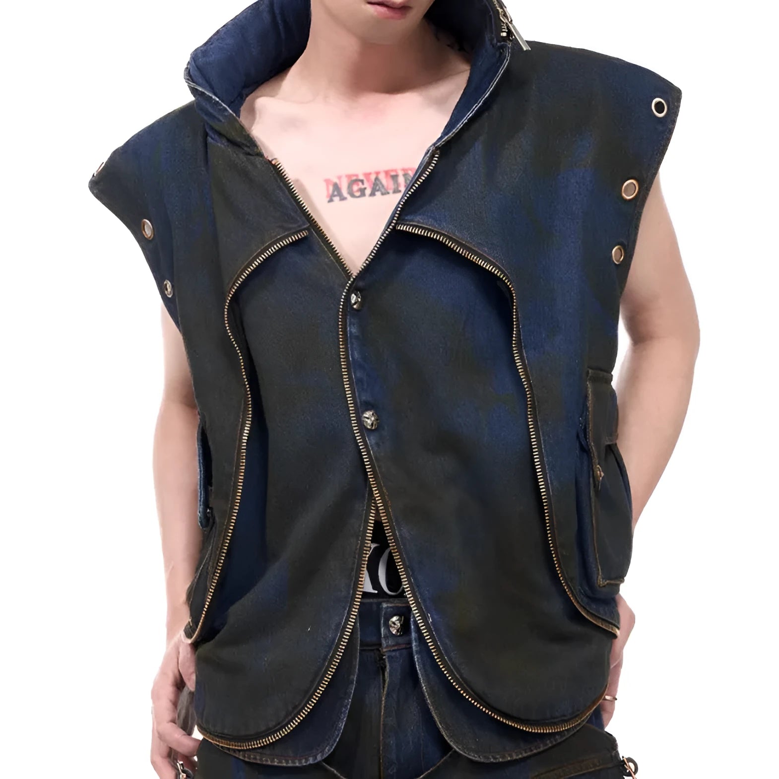 Blue deconstructed Korean-style hooded denim vest and matching trousers laid flat.