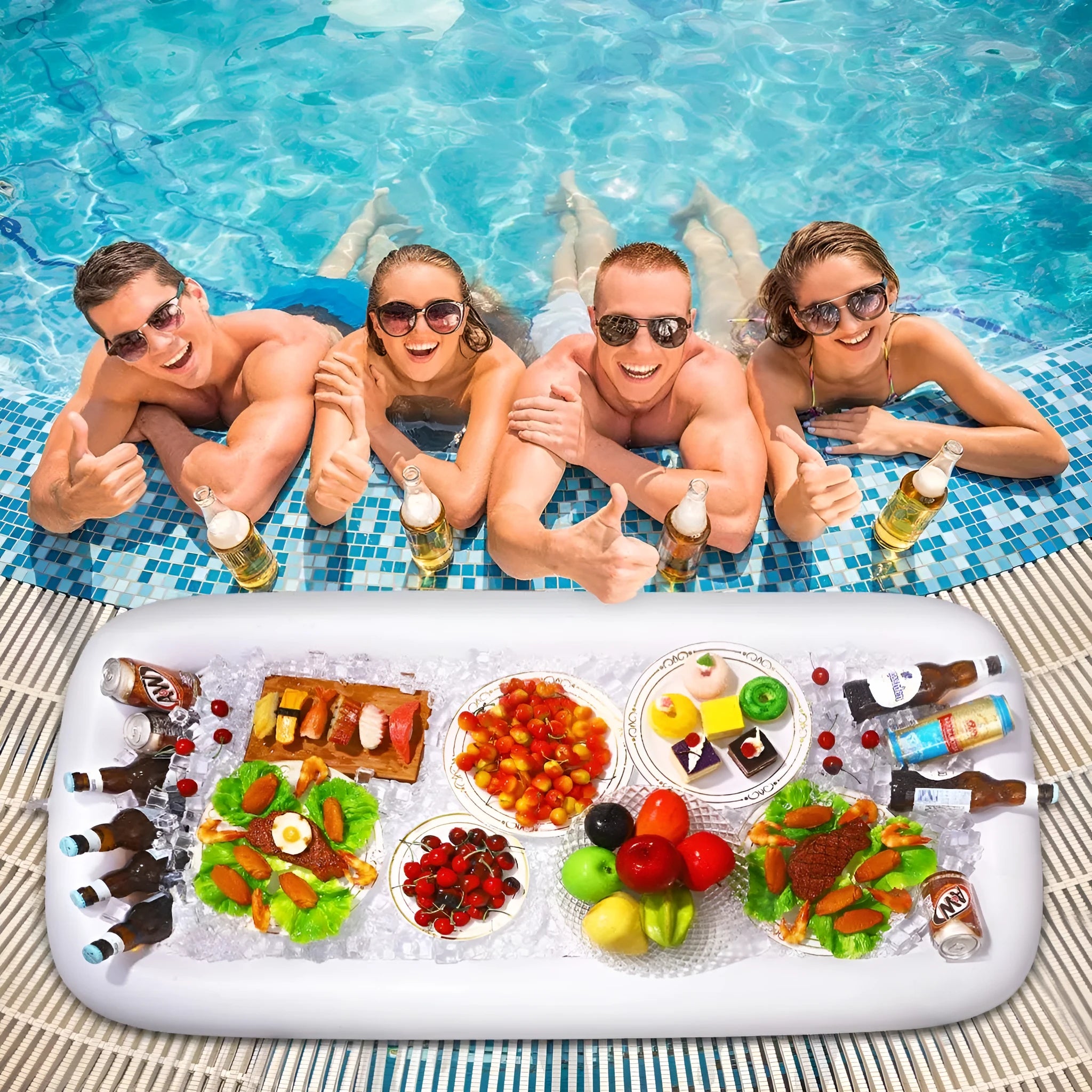 Inflatable ice bar with cup holders and yellow ice bucket for party drink service