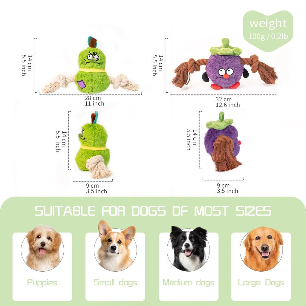 Green and purple interactive dog toy with plush fabric and rope knot construction for tug-of-war games