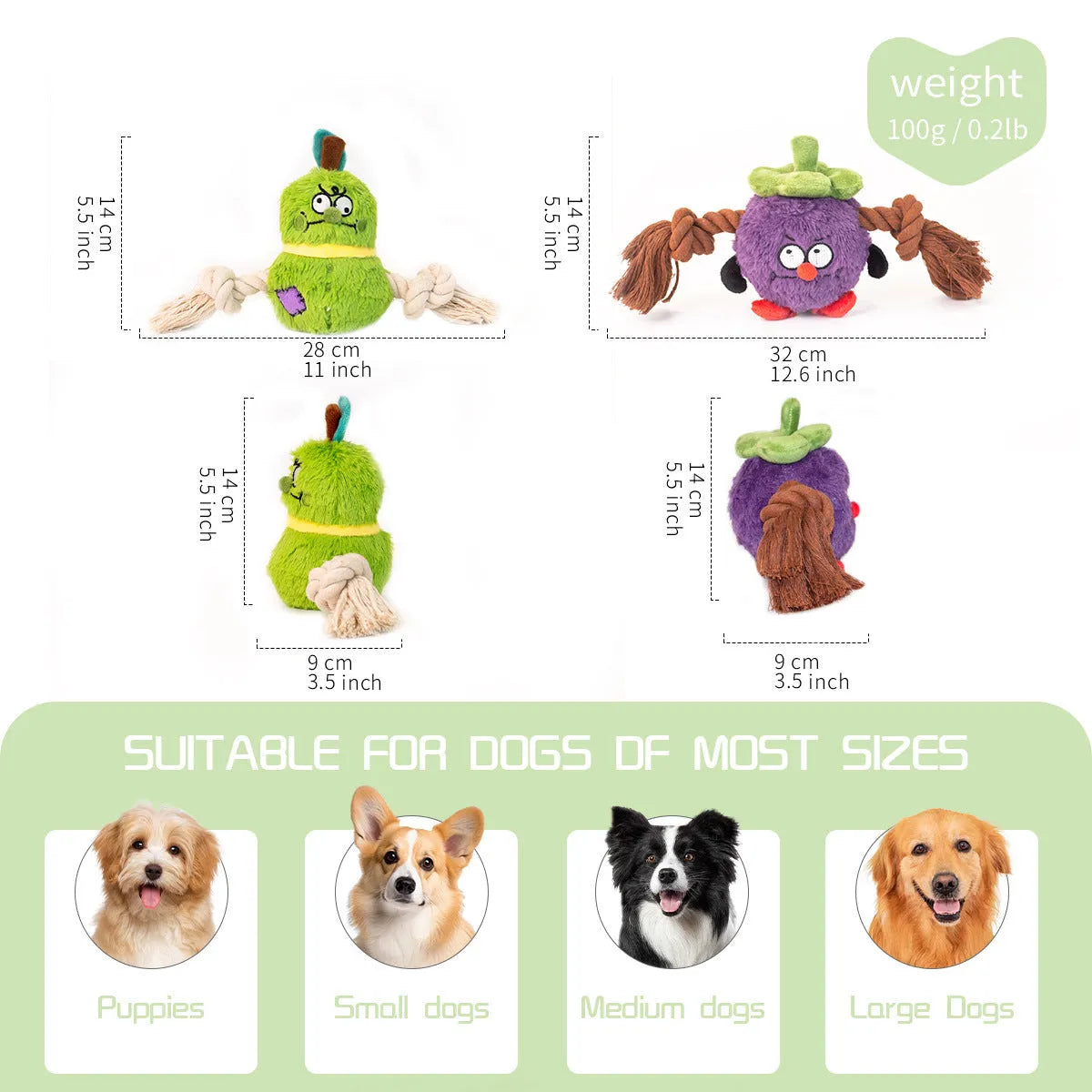 Green and purple interactive dog toy with plush fabric and rope knot construction for tug-of-war games