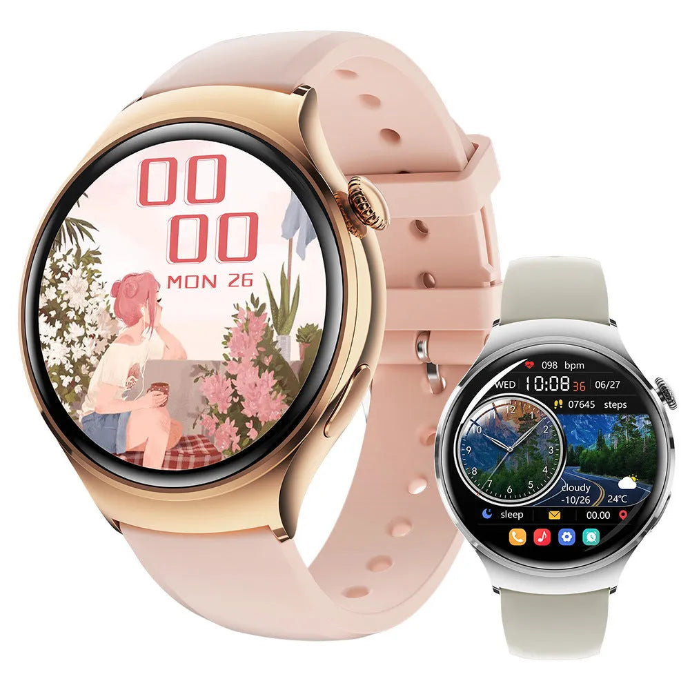 Smart watch with Bluetooth calling women's health tracker gold shell pink silicone strap TFT screen
