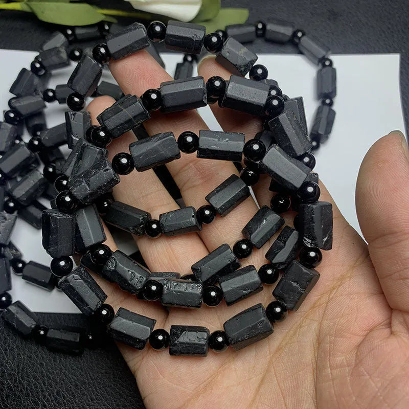Natural black tourmaline rough stone bracelet with elastic adjustable fit for men and women