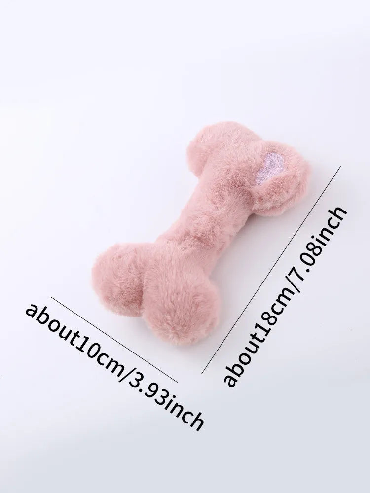 Plush bone-shaped dog toy in blue, pink or yellow with a squeaker for interactive chewing play.