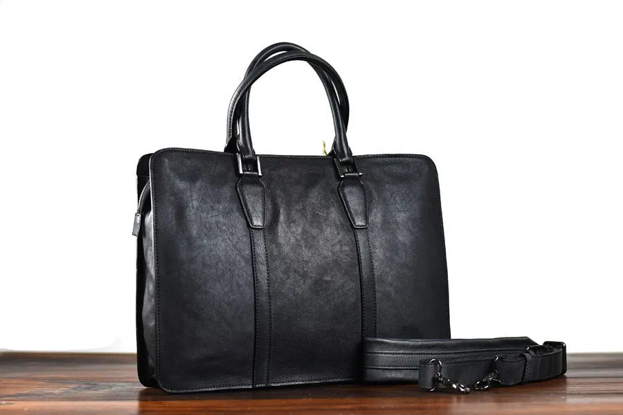 Men's 14-inch horizontal leather business handbag in khaki colour with zipper opening