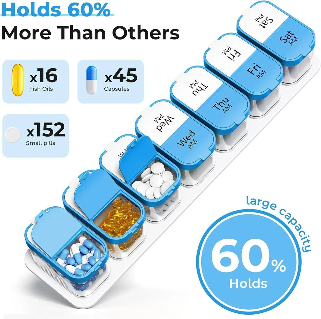 Extra large white or rainbow colour portable pill box with 14 removable compartments for medication organisation