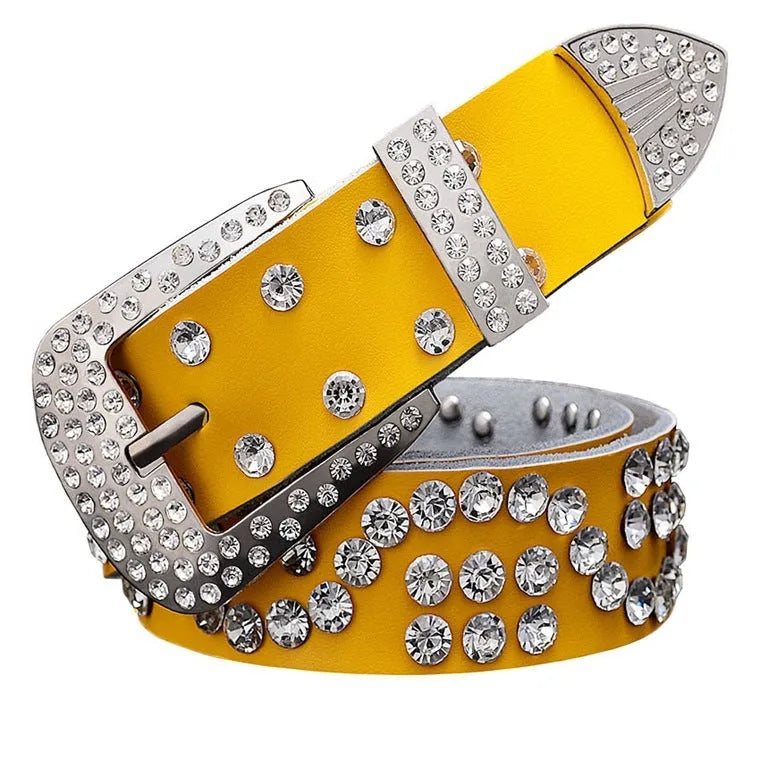 Leather ladies belt with diamond-studded cowhide pin buckle, alloy D-shape buckle, rhinestone mosaic, two-layer cowhide