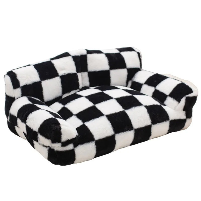Black and white plaid cloth plush cat nest kennel for small pets
