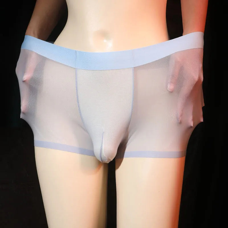 Ultra-thin transparent men's ice silk underwear boxer shorts in light grey colour.