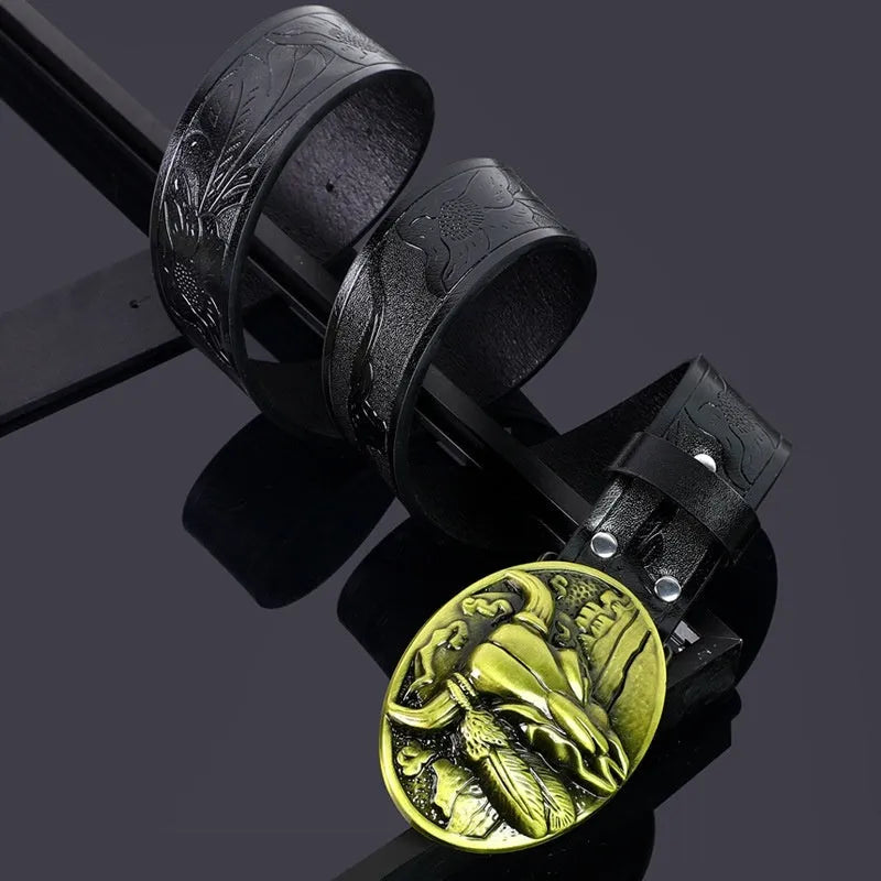 Men's cow head buckle belt in imitation leather with alloy buckle showing embossed detailing