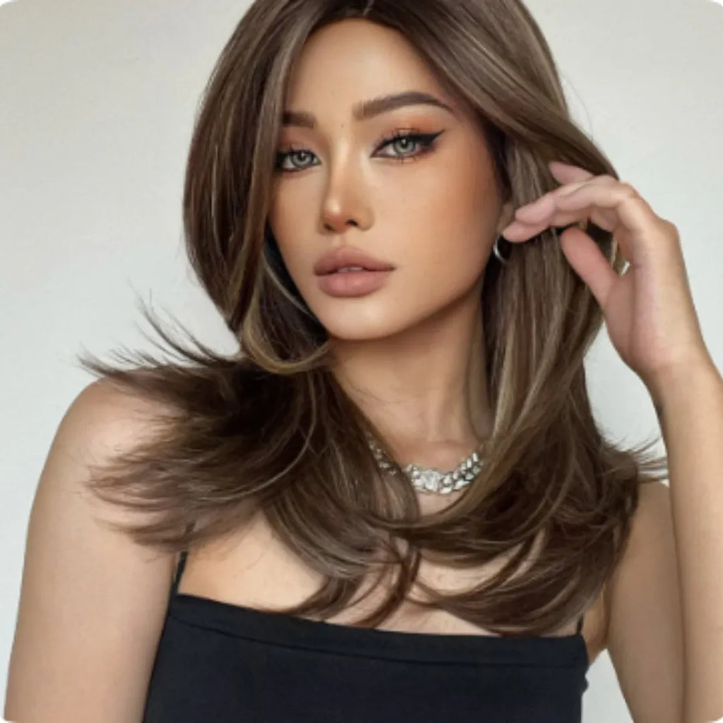 Mid-length platinum gradient colour wig with long curly hair and bangs in high-temperature chemical fibre