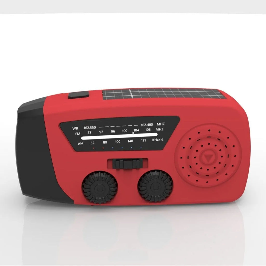 Red rechargeable emergency hand radio torch with USB port and wrist strap