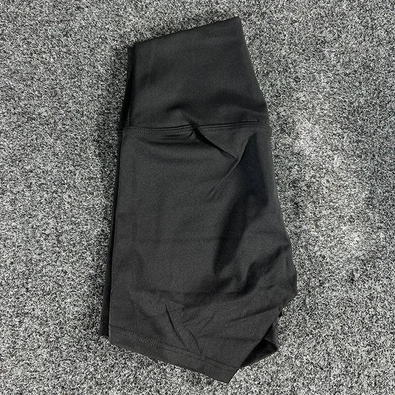 Ladies high waist yoga shorts in nylon fabric, shown in multiple colour options.