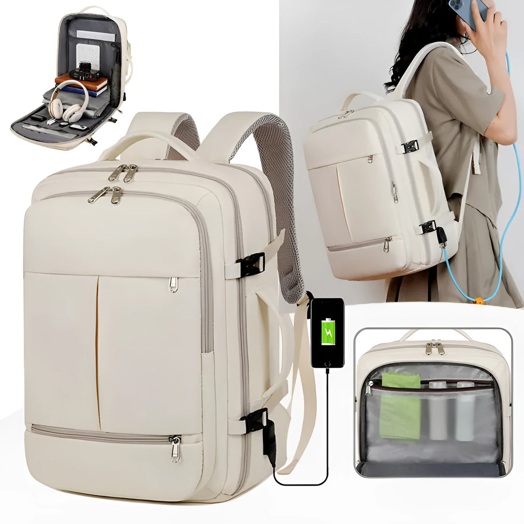 Waterproof oxford cloth backpack showing multiple pockets and zippers with 15.6 inch laptop compartment