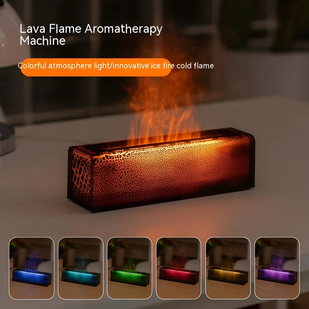 Square-shaped lava lamp-style USB aroma diffuser humidifier with colourful flame light effect on a desk.